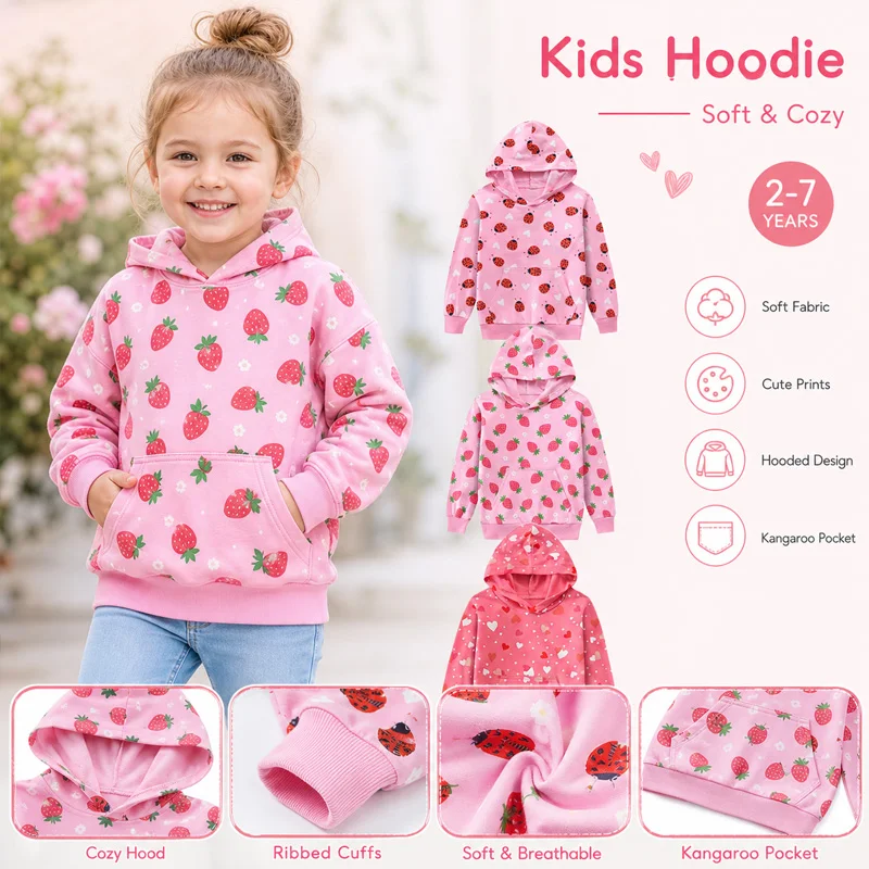 Little Hand Toddler Winter Hoodie Girls Cute Strawberry Ladybug Full Print Long Sleeve Pullover Kids Cotton Casual Outfit 2-7Y