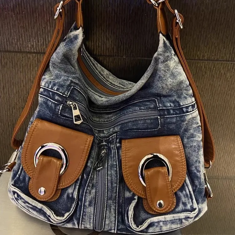 Punk Denim Bag Women High Street Pockets Chic Vintage Backpack Ladies Casual Messenger Bags Versatile Purses And Handbags