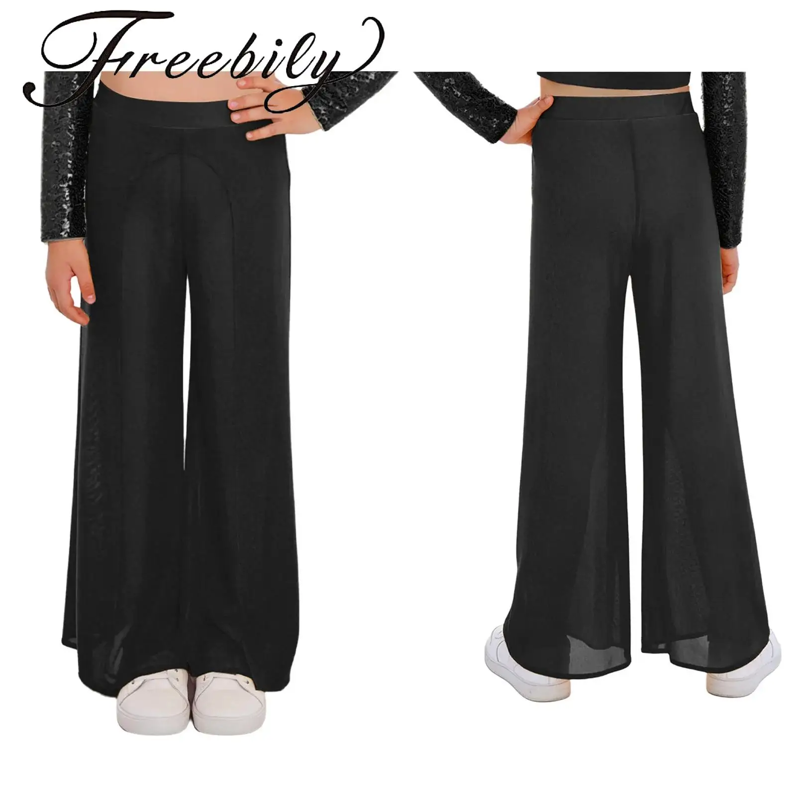

Kids Girls Lyrical Mesh Dance Pants Elastic Waistband Wide-Leg Pants with Built-in Briefs for Performance Competition