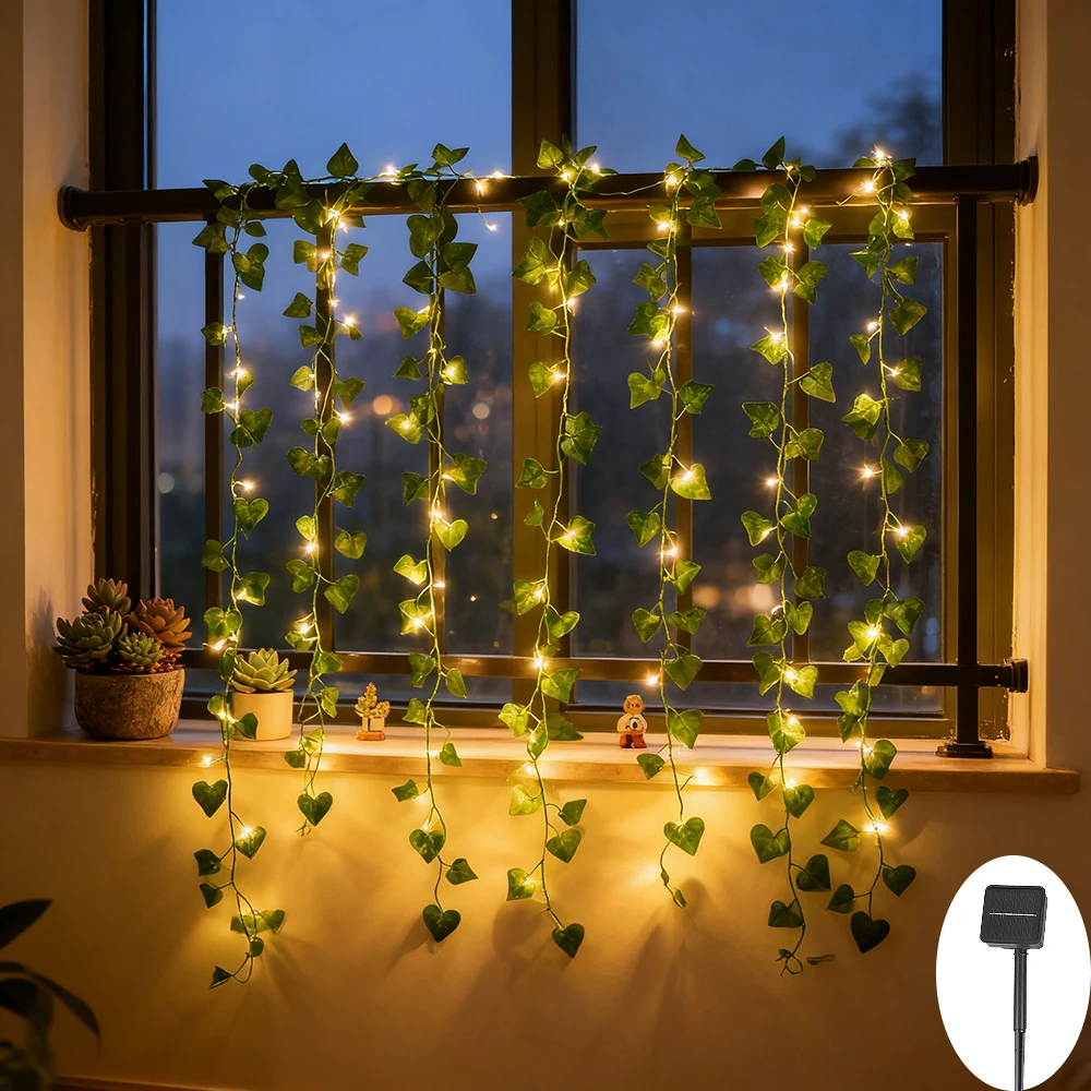 Solar Ivy String Lights, Artificial Vine Lights Garland Fairy String Lights Green Leaf Vine Light Outdoor for Party Garden Decor