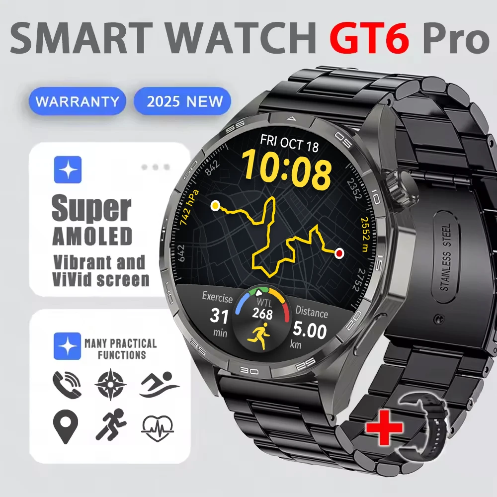 

Watch 6 PRO Smart Watch AMOLED HD Screen Bluetooth Call GPS Trajectory NFC Heart Rate Compass SmartWatches 2026 Christmas Gifts