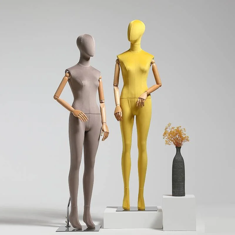 Dress Form Fabric Cover Female Full Body Mannequin with Wooden Arm Iron Stand Hip Torso For Window Clothing Display