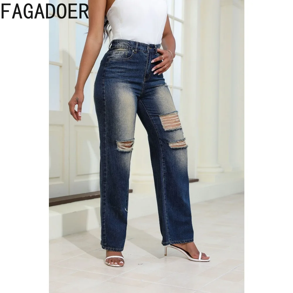 FAGADOER Autumn New Retro Hole Straight Jeans Pants Women High Waisted Button Pocket Loose Denim Trousers Female Cowboy Bottoms