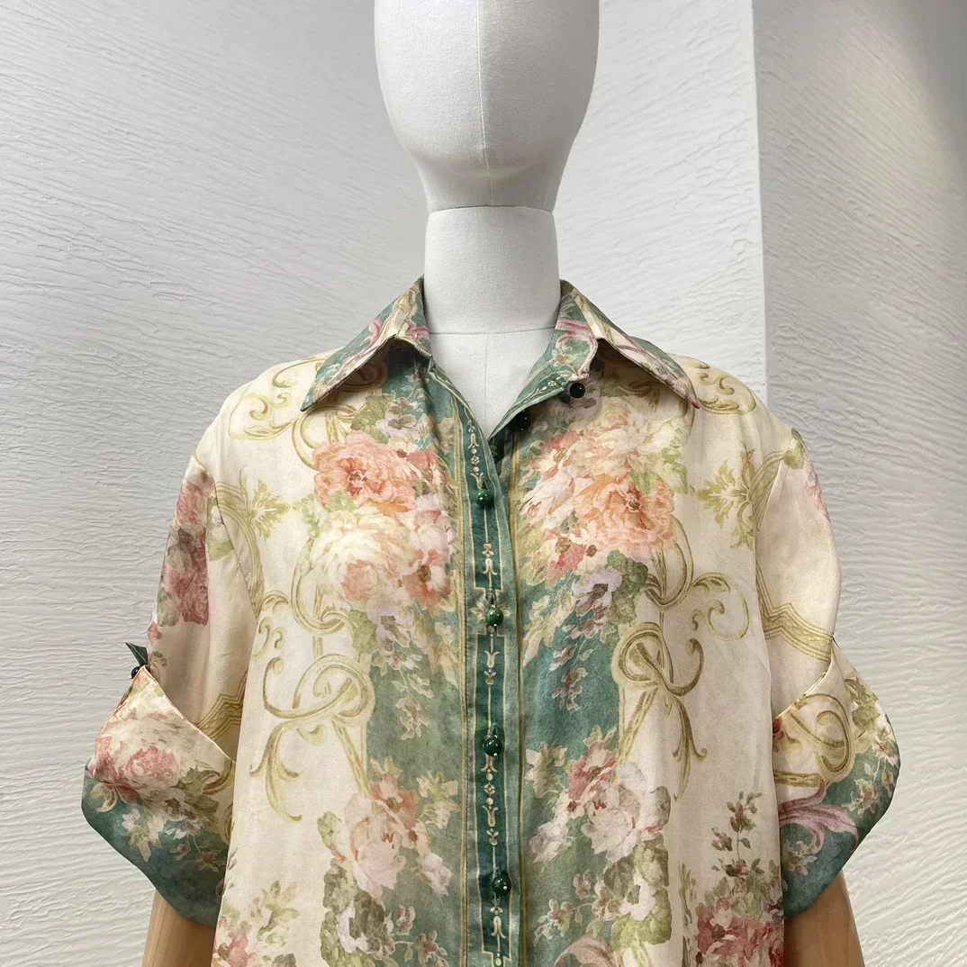 

2023 New Silk Top Quality Green Vintage Floral Print Loose Blouse and Drawstring Self Tie Elastic Waist Pants Women Casual Set