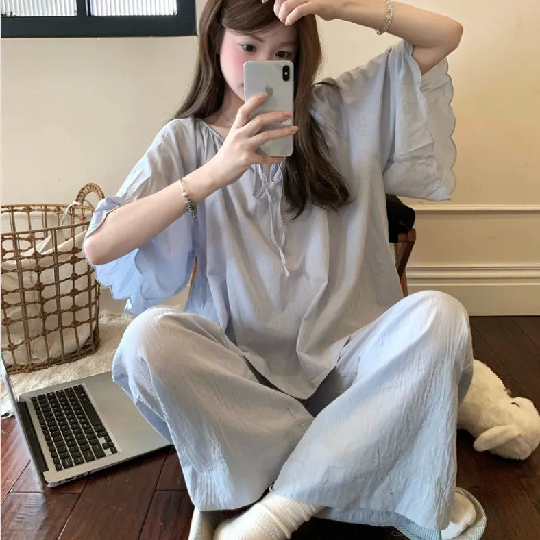 Korean Summer New Arrival Comfortable Round Neck Lace Up Soft Loungewear Pajama Set One Size Cozy Cute Blue Two Pieces Women