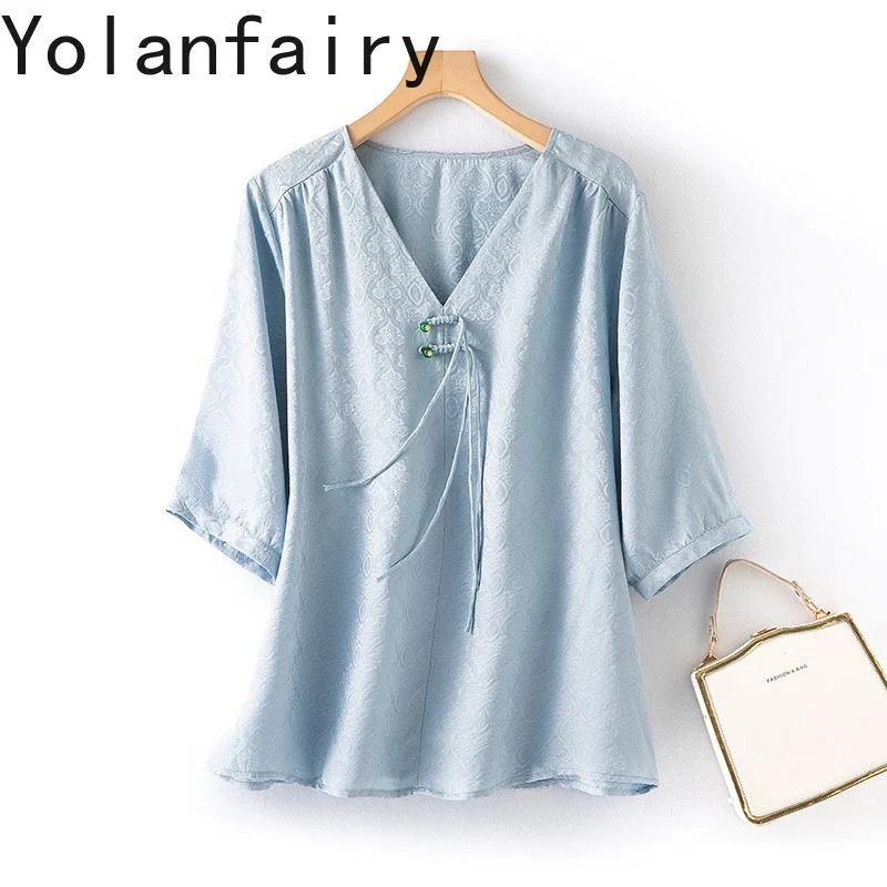 YOLANFAIRY 100% Real Mulberry Silk Blouses for Woman Elegant Jacquard Loose Ladies Tops and Blouses V-neck Luxury Blouse Femme