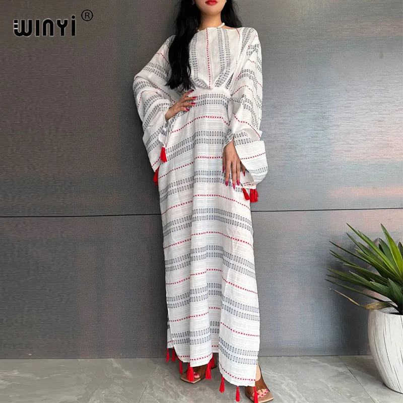 WINYI Bohemian fringed dress summer Floor-sweeping dress Elegant  Kuwaiti Muslim kaftan Women Beach wear Swimsuit Covers dress