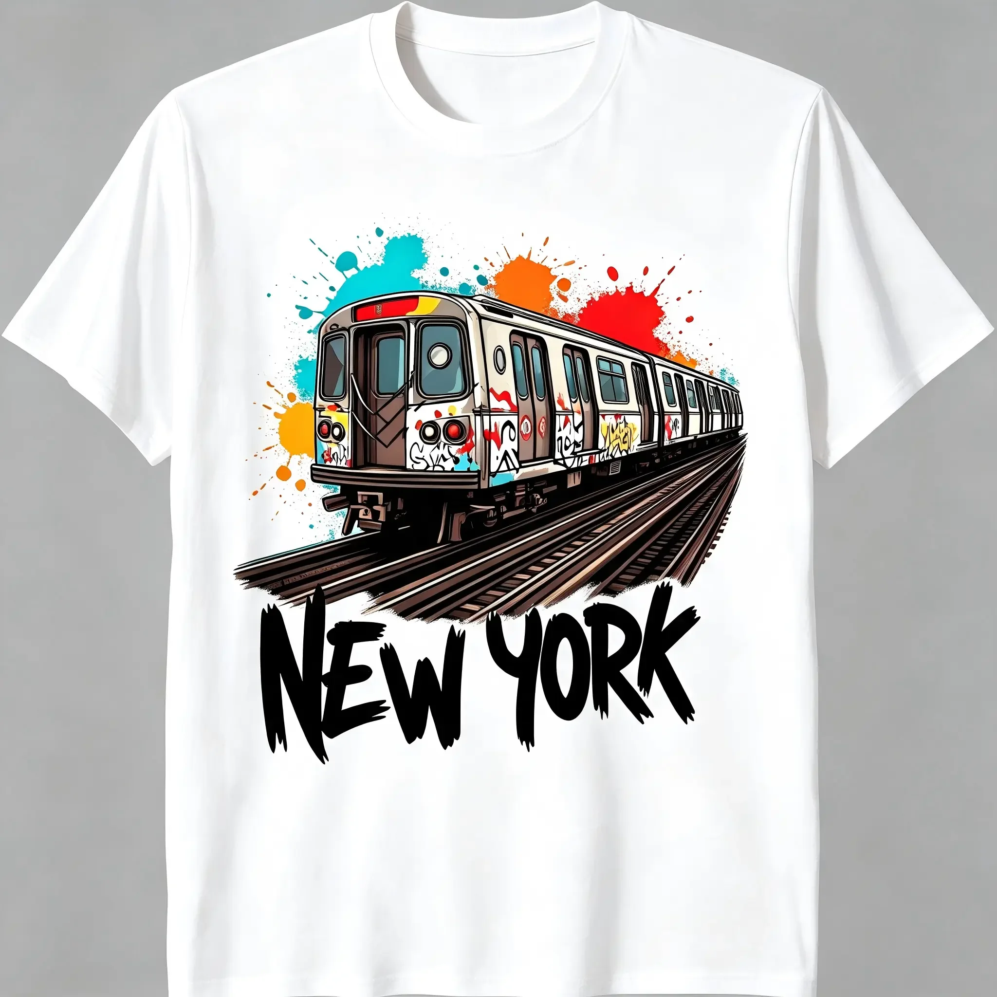 Men's & Women's NYC Graffiti Subway Train Street Art Tshirt - Color Splash Urban Graphic, Soft Breathable Cotton Round Neck Shortsleeve Top, All-Season Casual Street Style, NYC Souvenir Streetwear Gift, Machine Washable, Classic, Fabric, Print, Unisex, Co