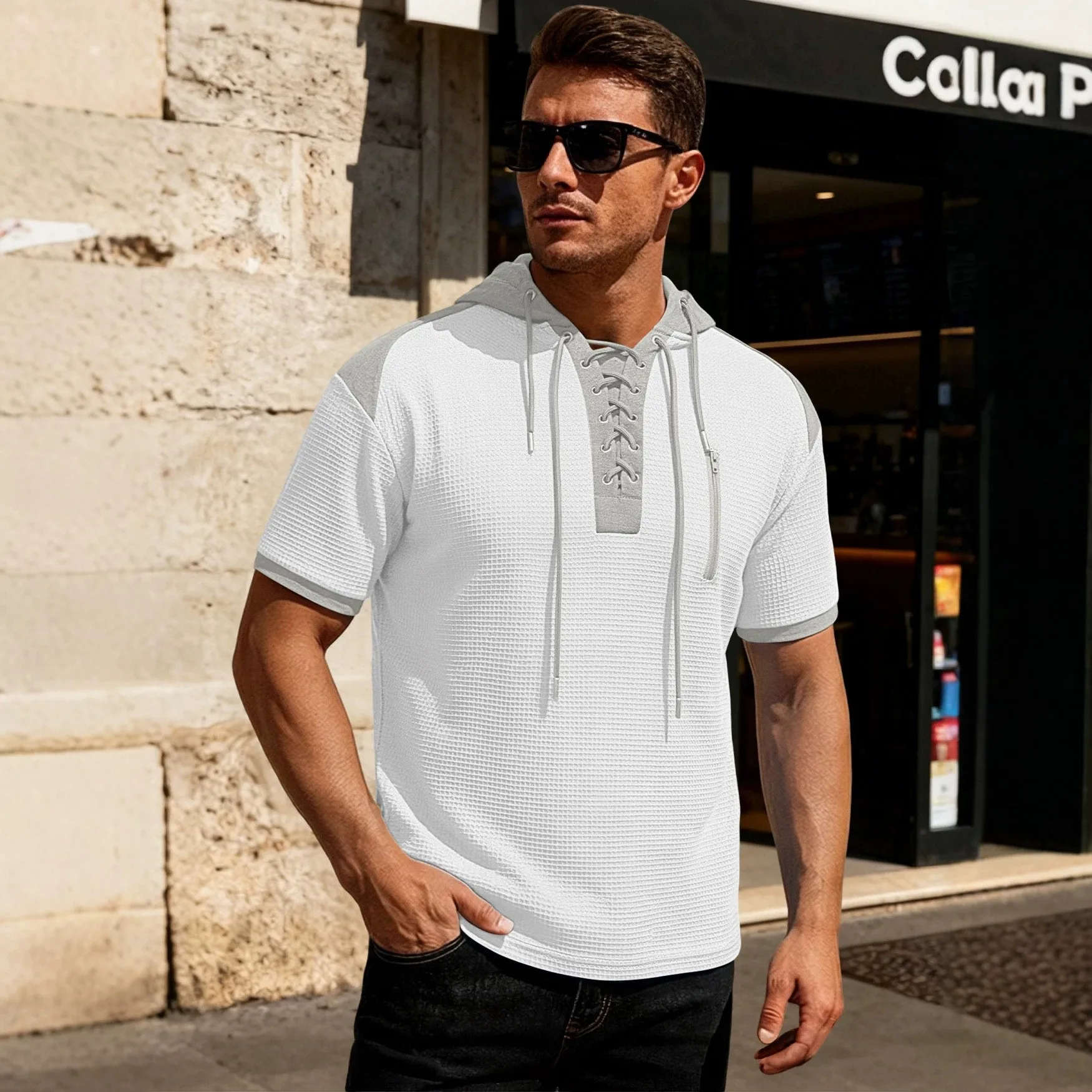 Men Clothing Hoodie Men T-shirt Waffle Knit Hooded T Shirt Contrast Hooded Tee Lace Up Neck Short Sleeve Hoodie Solid Color