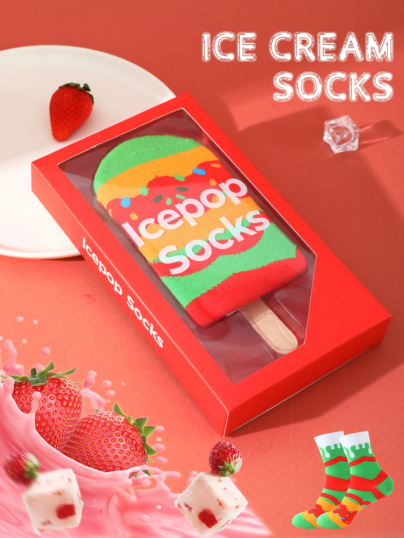 1 pair of mid-calf unisex socks in a novelty ice cream design, a unique and interesting festive gift.