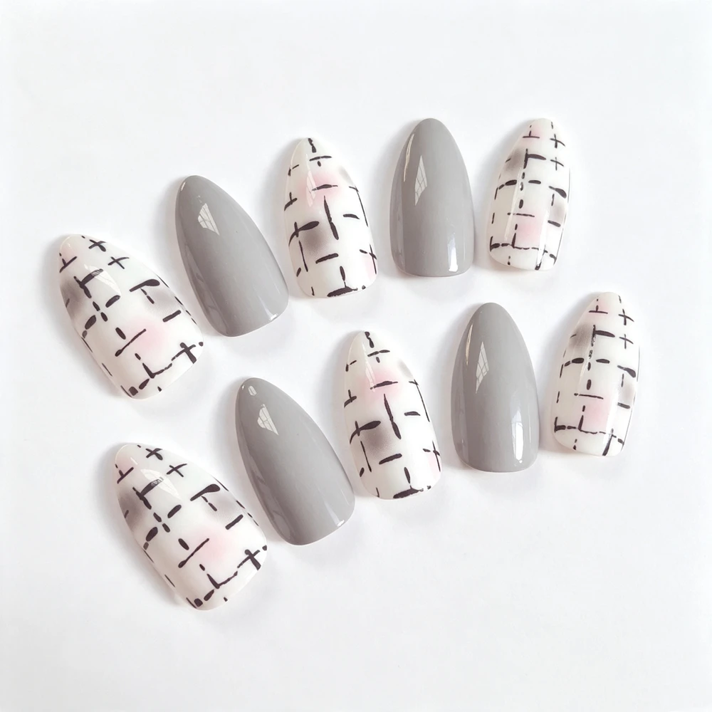 Almond Shape Gray Plaid Press On Nails Elegant Pink Smudge Checker Design Glossy Artificial Nails For Daily Wear