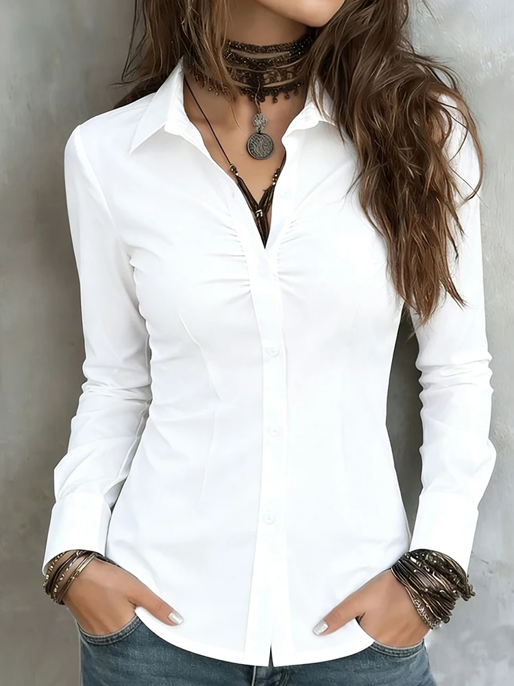 Women's Fashionable Solid Color Pleated Button-Front Long-Sleeve Collared Shirt, Casual Versatile Simple Commuter Style Long-Sleeve Shirt, Women's Clothing