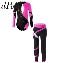 Kids Girls Gymnastics Outfit Long Sleeve Shiny Rhinestones Patchwork Ballet Dance Leotard Ballet Leggings Childs Dancewear Sets