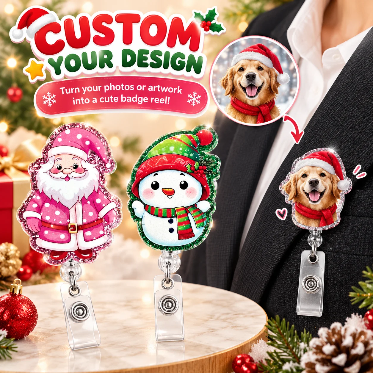 Personalized Custom Image Retractable Badge Reel Swivel Rotatable Clip Xmas Santa Snowman Acrylic ID Card Name Badge Reel