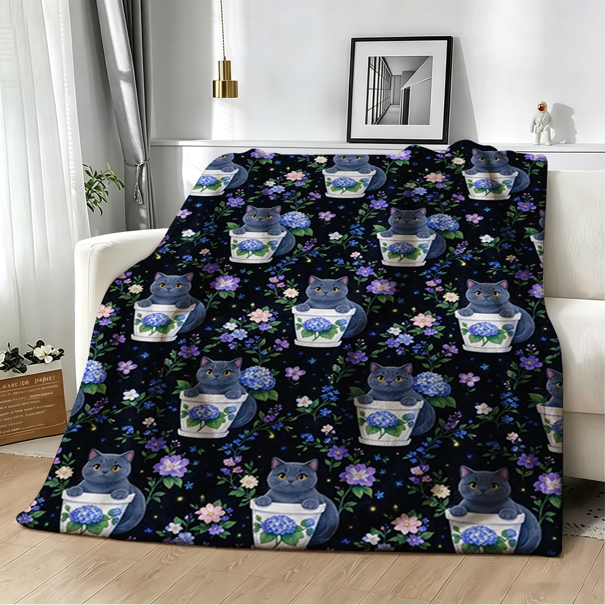 Gray Cat Hydrangea Kittens Flannel Blanket Warm Soft Halloween Christmas Decorative Couch Warm Cozy All-Season Gift