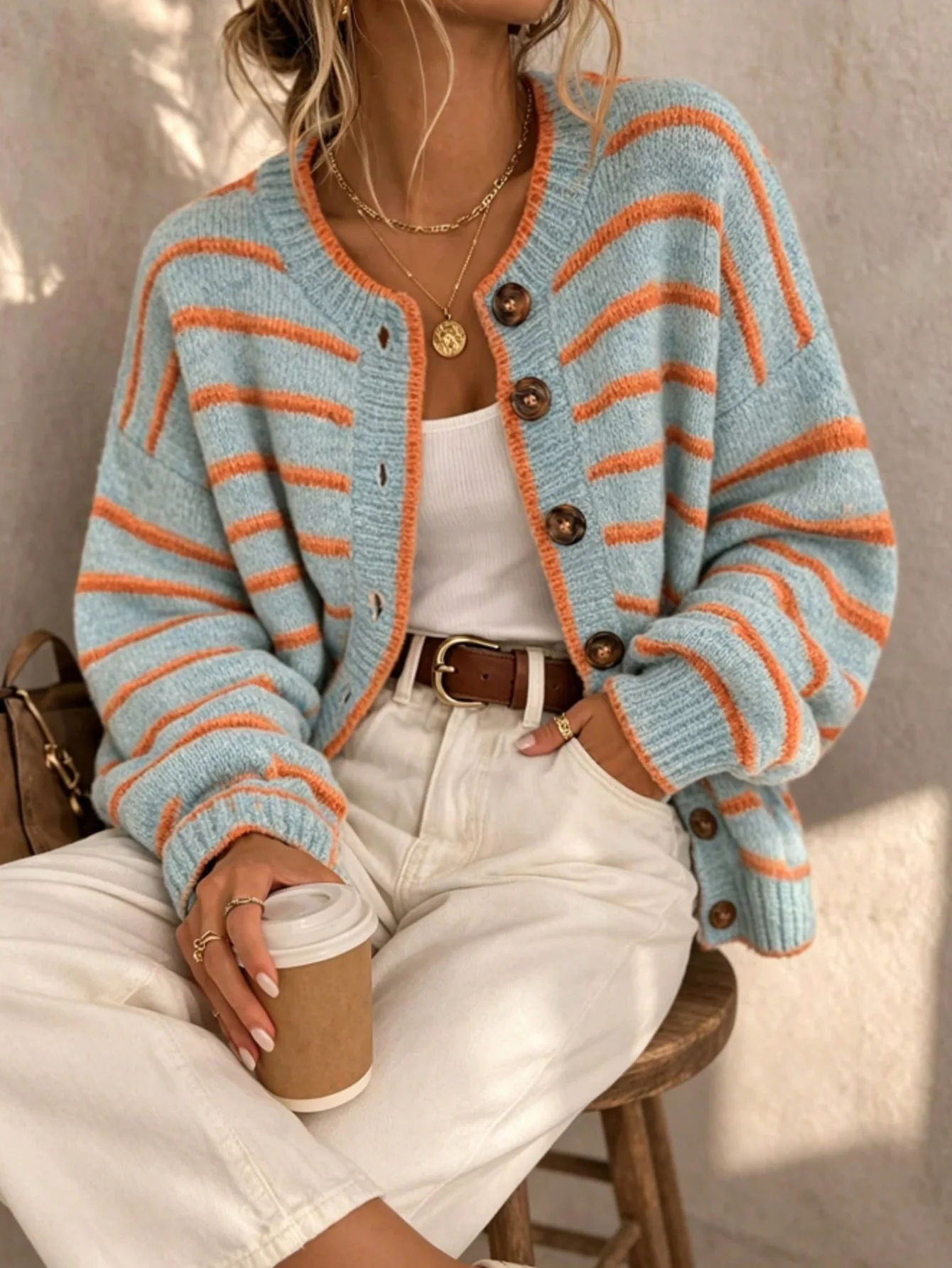 Women's European American Style Striped Knit Cardigan, Loose Casual Sweater Coat for Women