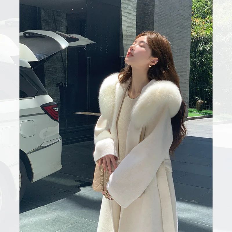 

French Lazy 2025 Autumn Winter New Fashion Hooded Double Faced Cashmere Coat Mid Length Real Fox Fur Collar Wool Warm Coat Women