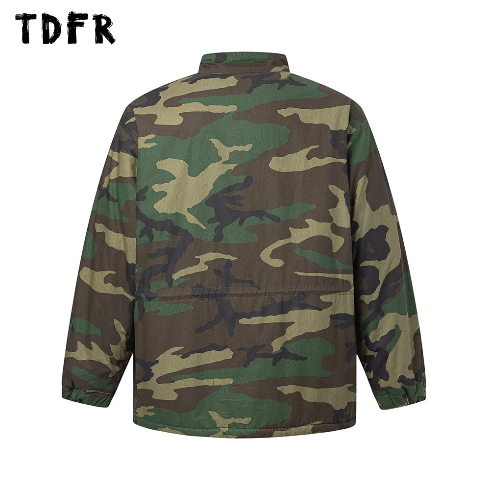 Camouflage Sherpa Parkas Mens Safari Style Winter Thick Stand Collar Long Sleeve Loose Drawstring Hem Padded Jacket Men