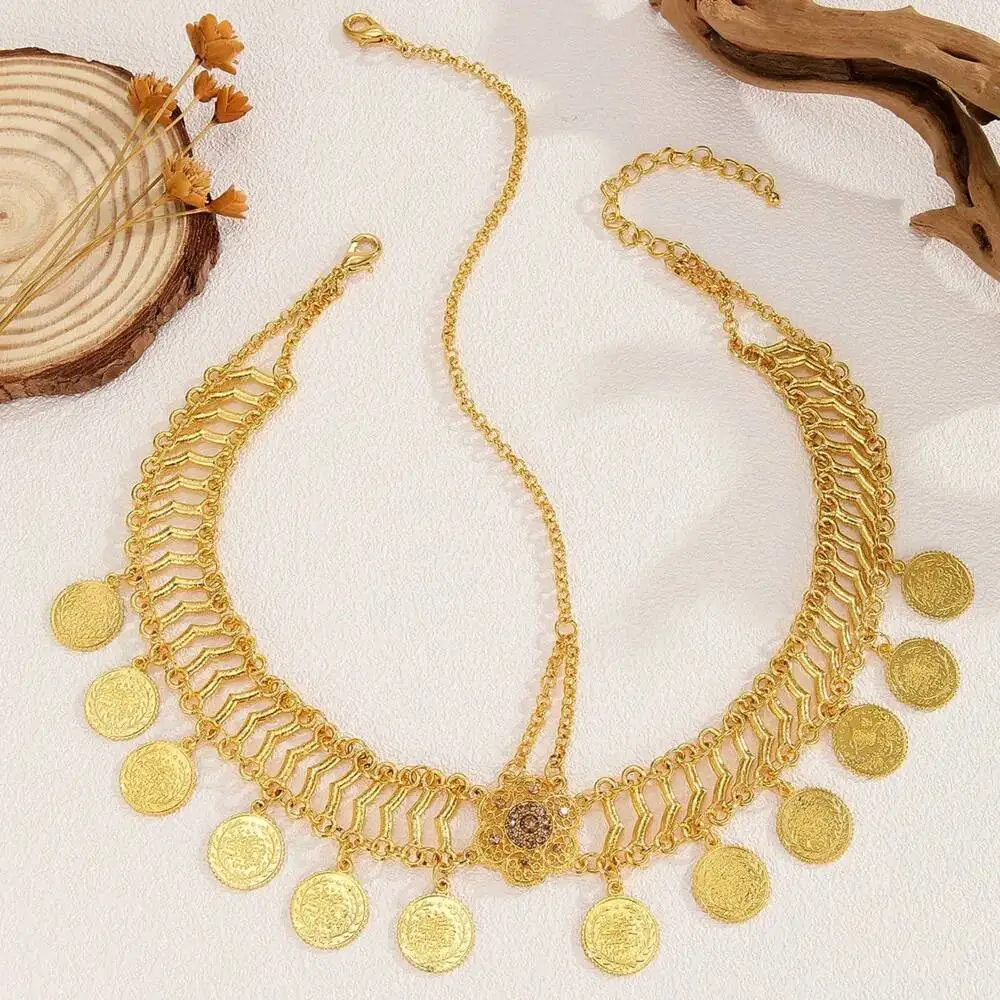 الهندي الزفاف رئيس سلسلة سبائك الذهب اللون الجوف حجر الراين زهرة عملة شرابة اكسسوارات الزفاف العروس غطاء الرأس للنساء