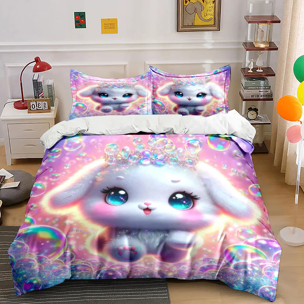 Fantasy bunny with colorful bubbles Printed Duvet Cover Set1 Duvet Cover+2 PillowcaseMulti Size Bedroom Bedding Decor