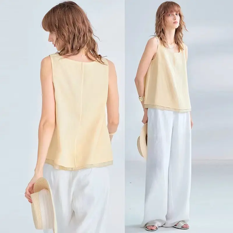 Women's Ramie Lyocell Flowy Square-Neck Tank Top Summer Patchwork Lightweight Sleeveless Fake Two-Piece Ladies A-Line Loose Tops