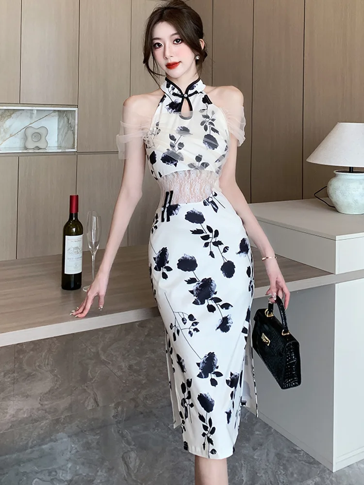 Women Hollow Lace Perspective Qipao Chinese Mandarin Collar Cheongsam Summer Sexy Sleeveless Split Dress Elegant Vestidos