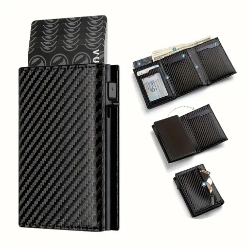 Men's Wallet with Zipper Coin Purse Automatic Pop-up Metal Credit Card Holder Minimalist RFID Blocking Business Card Wallet Idea