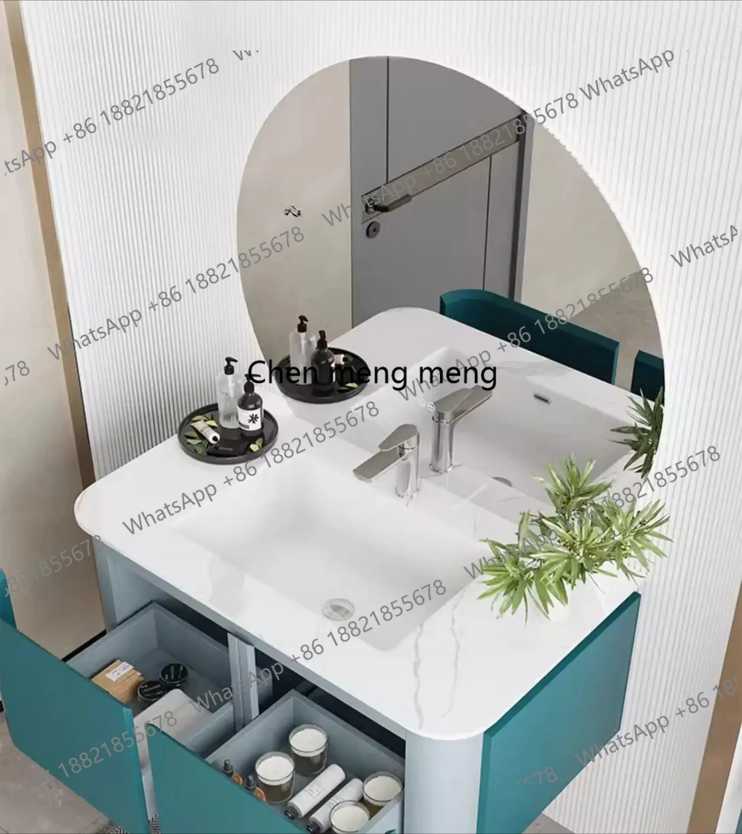 

RR Glacier peacock blue solid wood multi-layer bathroom combination cabinet rock slab seamless basin toilet washbasin