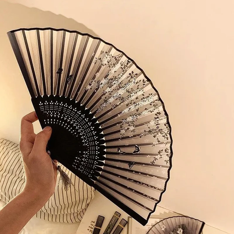 Vintage Folding Fan Chinese Style Flower Pattern Art Hand Held Fans Wedding Party Dance Classic Hanfu Decorated Crafts