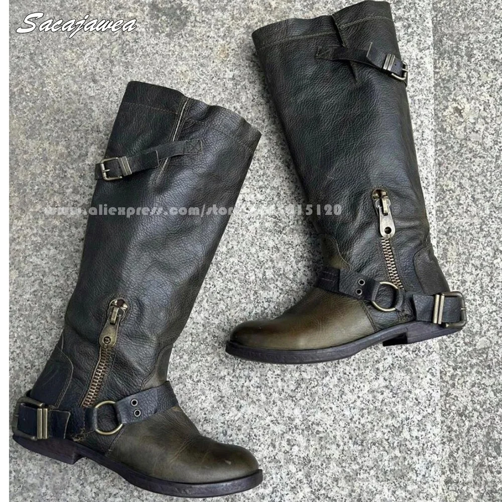 

Retro Punk Style Side Zipper Mid Calf Motorcycle Boots Autumn New Fashion Y2K Biker Boots Round Toe Buckle Strap Casual Boots