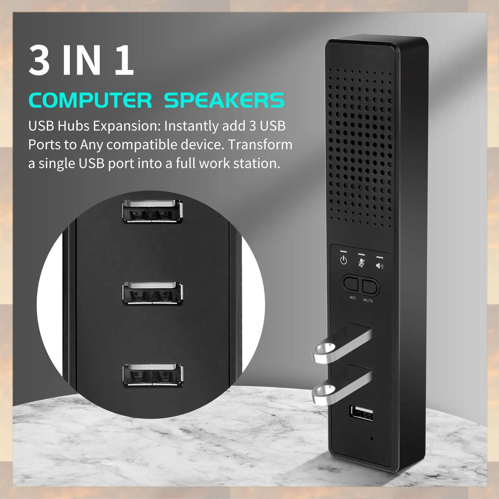 L72A-3 In 1 Computer Speakers With Microphone & Hubs USB Conference Speaker, PC Mic For Video Conference
