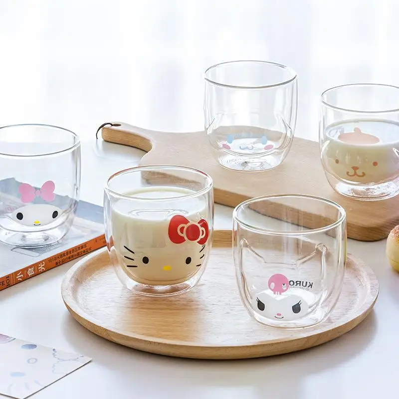 Kawaii Cinnamoroll Hellokitty Mymelody Double Glass Sanrio High Beauty Milk Breakfast Cup Cute Girl Creative Cartoon Cup