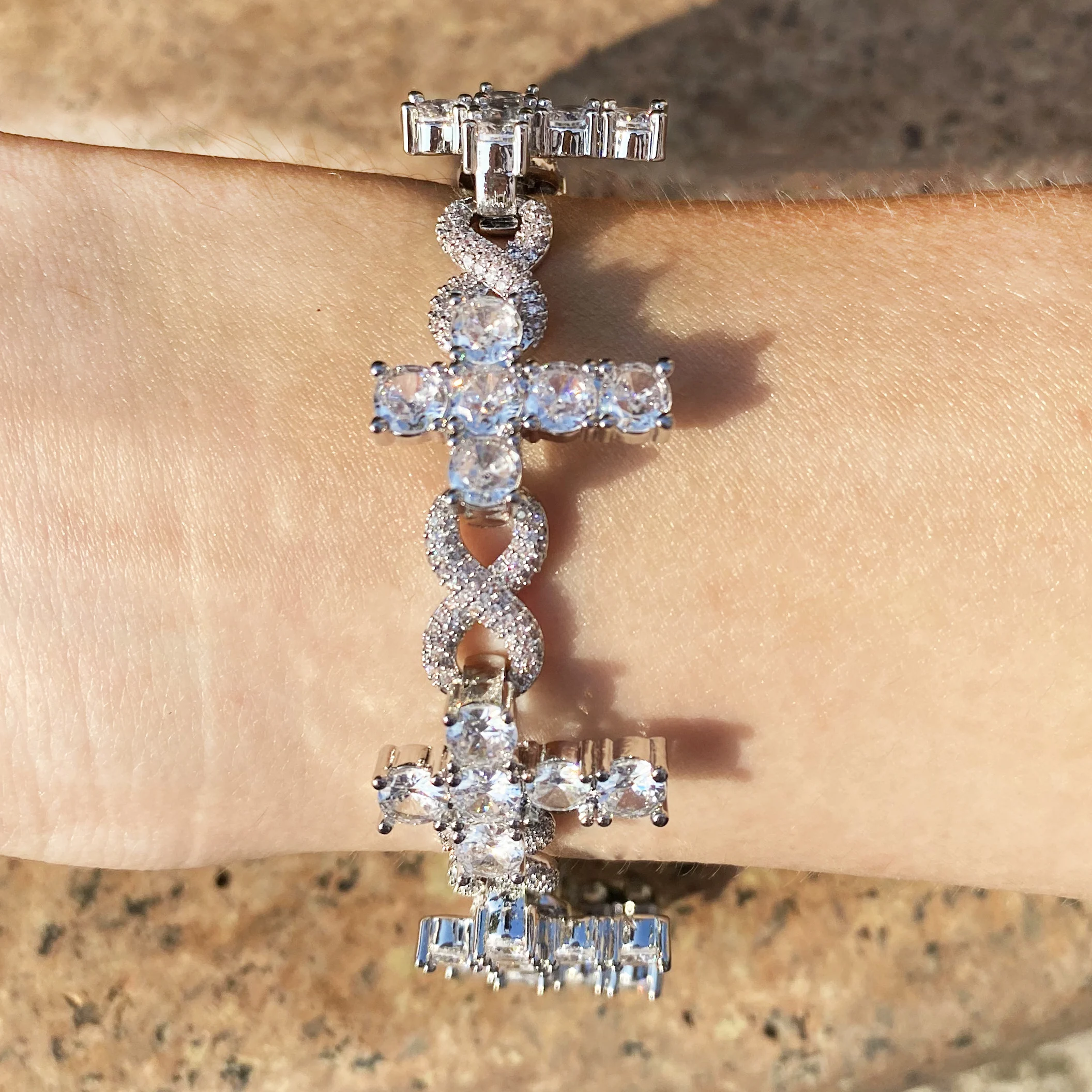 Aokaishen Iced Out Infinity Cross Bracelet Choker for Women Micro Pave Prong Setting Real Gold Plated Hip Hop Jewelry