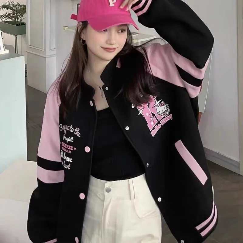 Sanrio Hello Kitty New Fashion Tops Y2k Autumn Versatile Baseball Jacket Women Cartoon Sweet Cool Cardigan Coat Female Clothing