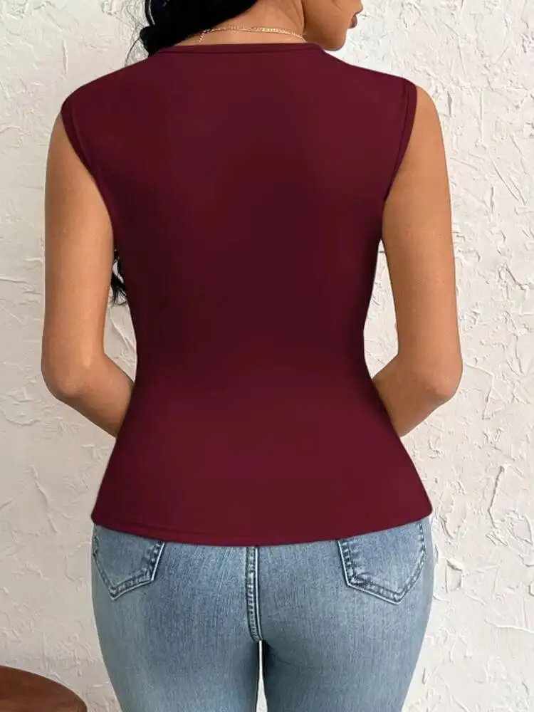 Women's Sleeveless Top Burgundy Side Ruched Asymmetric Hem One-Shoulder Cutout Spring Summer Elegant Stylish Daily Dating Casual