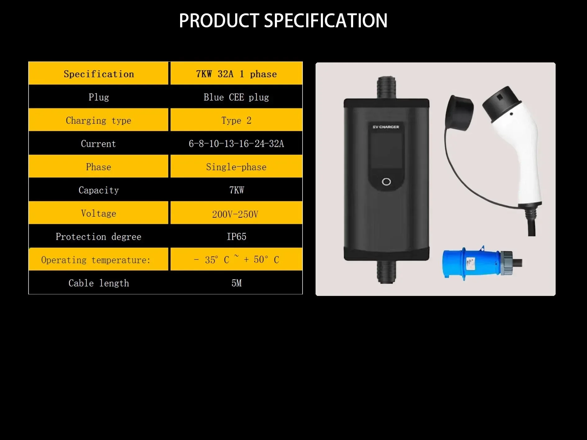 Evthsla-cargador portátil para vehículo eléctrico, caja de carga EVSE, 32A, 7KW, Tipo 2 EV, 1 fase, Cable de 5M, enchufe CEE