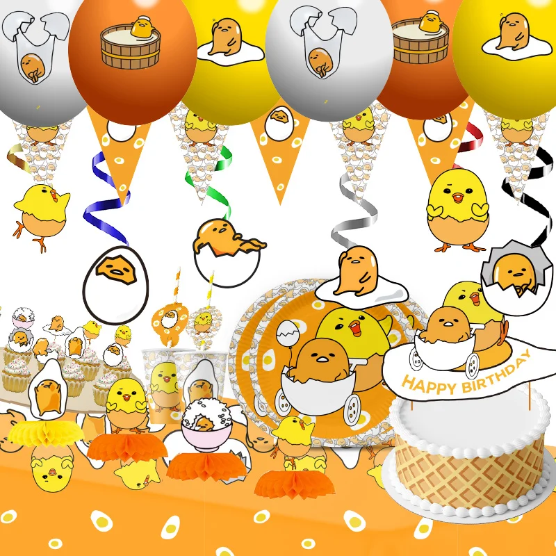 Gudetama: ของใช้บนโต๊ะอาหารแบบใช้แล้วทิ้งไข่ตกแต่งงานปาร์ตี้งานรับขวัญเด็กของใช้สำหรับงานเลี้ยงเด็กผู้ชายและเด็กผู้หญิง