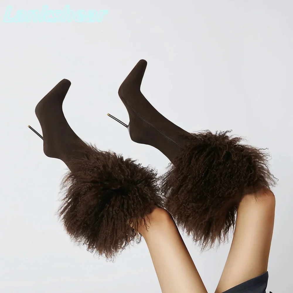 

Шоколадные замшевые сапоги до колена на тонком высоком каблуке с острым носком, женские туфли на шпильке, однотонные роскошные модные новые поступления 2025, мода