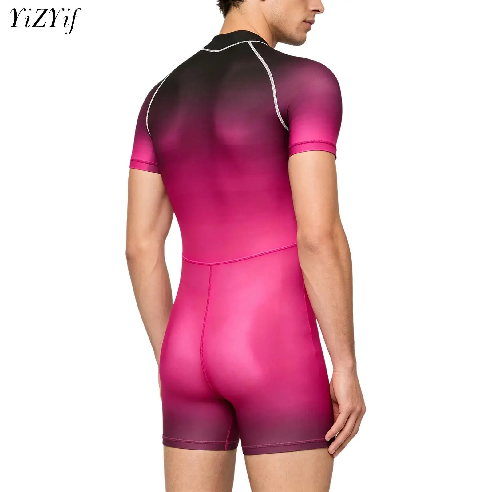 Men Gradient Jumpsuit One Piece Swimsuit Short Sleeve Zipper Fitness Sports Bodysuit Rash Guard Bathing Suit Surfing Swimwear