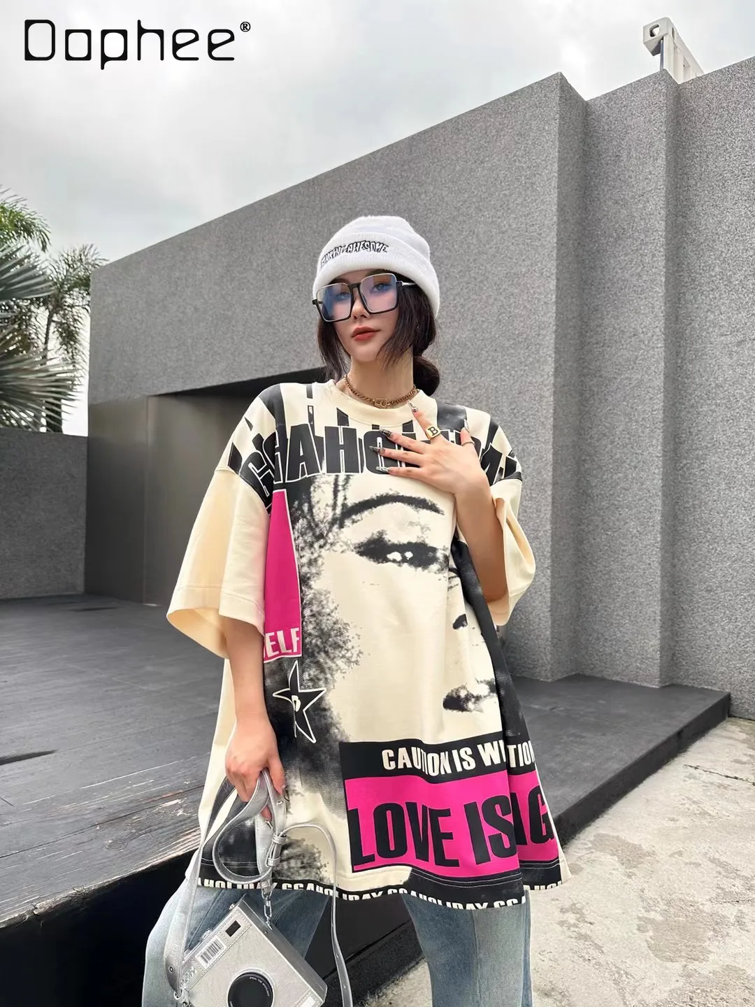 

Oversize Neutral Handsome Short-sleeved T-shirt Mid-length Summer European and American Magazine Style High-end Graphic T-shirts