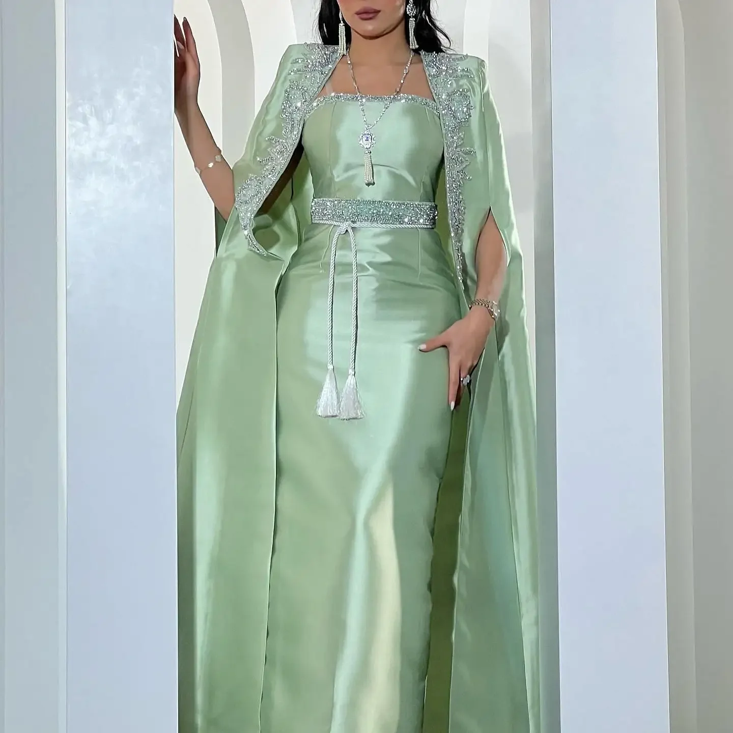Elegant Green Ball Dress Customized Sparkling Beaded Satin Party Evening Dress and Ankle Formal Occasion
