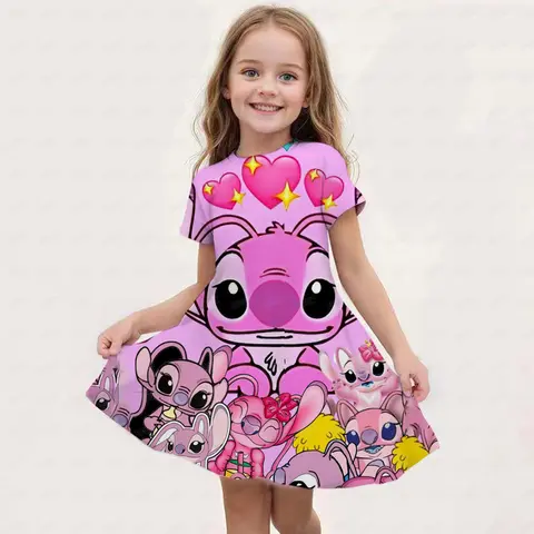 Summer Disney Stitch And Angel Dress For Girls Women Short Sleeve Costume Princess Party Dresses Children Skirt Toddler Clothes