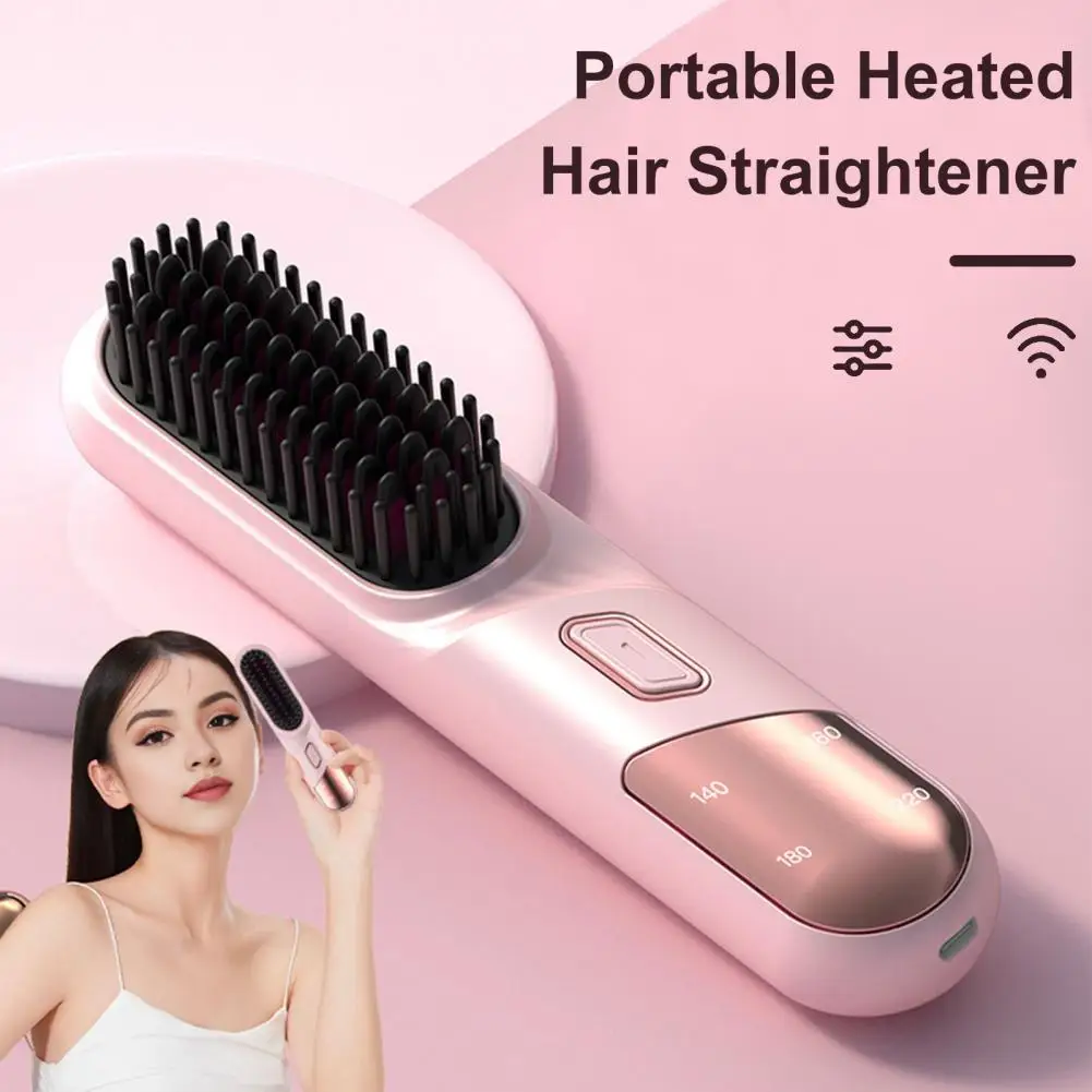 Wet And Dry Hair Straightener Brush Fast Heating USB Cordless Negative Ions Hot Brush Fluffy Curly Hair Styling Detangling Comb