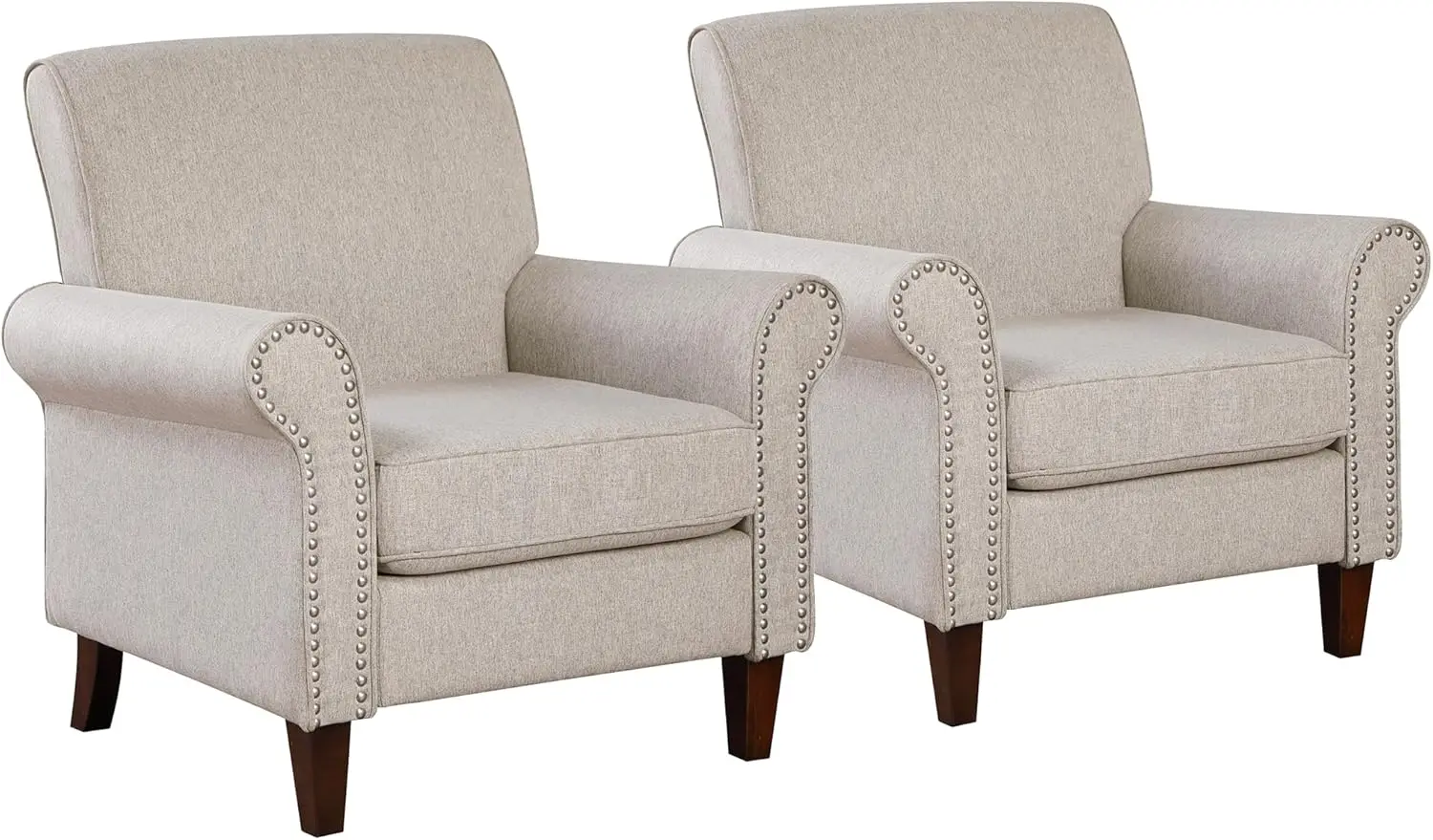 Living Room Chair Set of 2 - Large Comfy Fabric Accent Chair Single Sofa with Cushion, Rolled Armrest & Nailhead Trim, Mid Centu