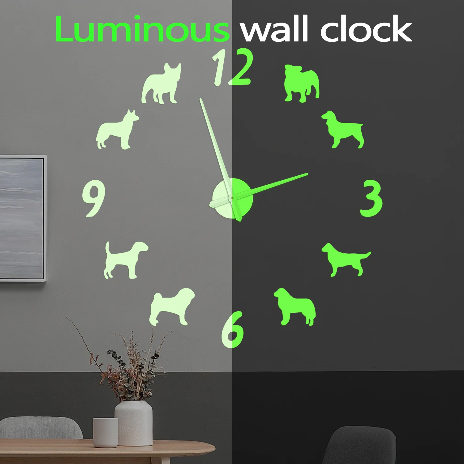 French Bulldog DIY Wall Clock Glow In The Dark  Self‑Assembly Adjustable Size Large Wall Clock for Pet Shop Dog Owner Home Decor