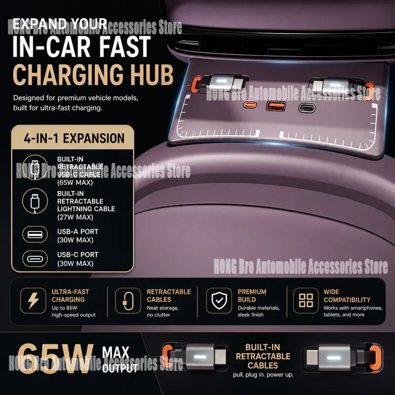 For Xpeng G9 65W Fast Charging Hub 1 to 4 Ports USB Car Charger Adapter Mobile Phone Super Charge Interior Accessories