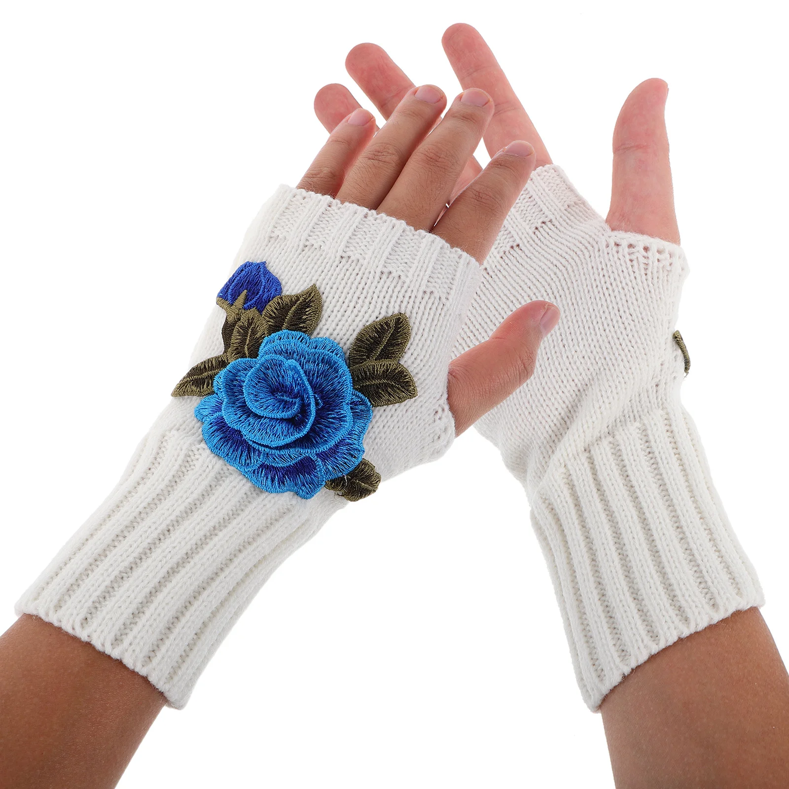 1Pair Fingerless Gloves Women Stylish Floral Pattern Knitted Half Finger Gloves Warm Finger Mittens for Winter