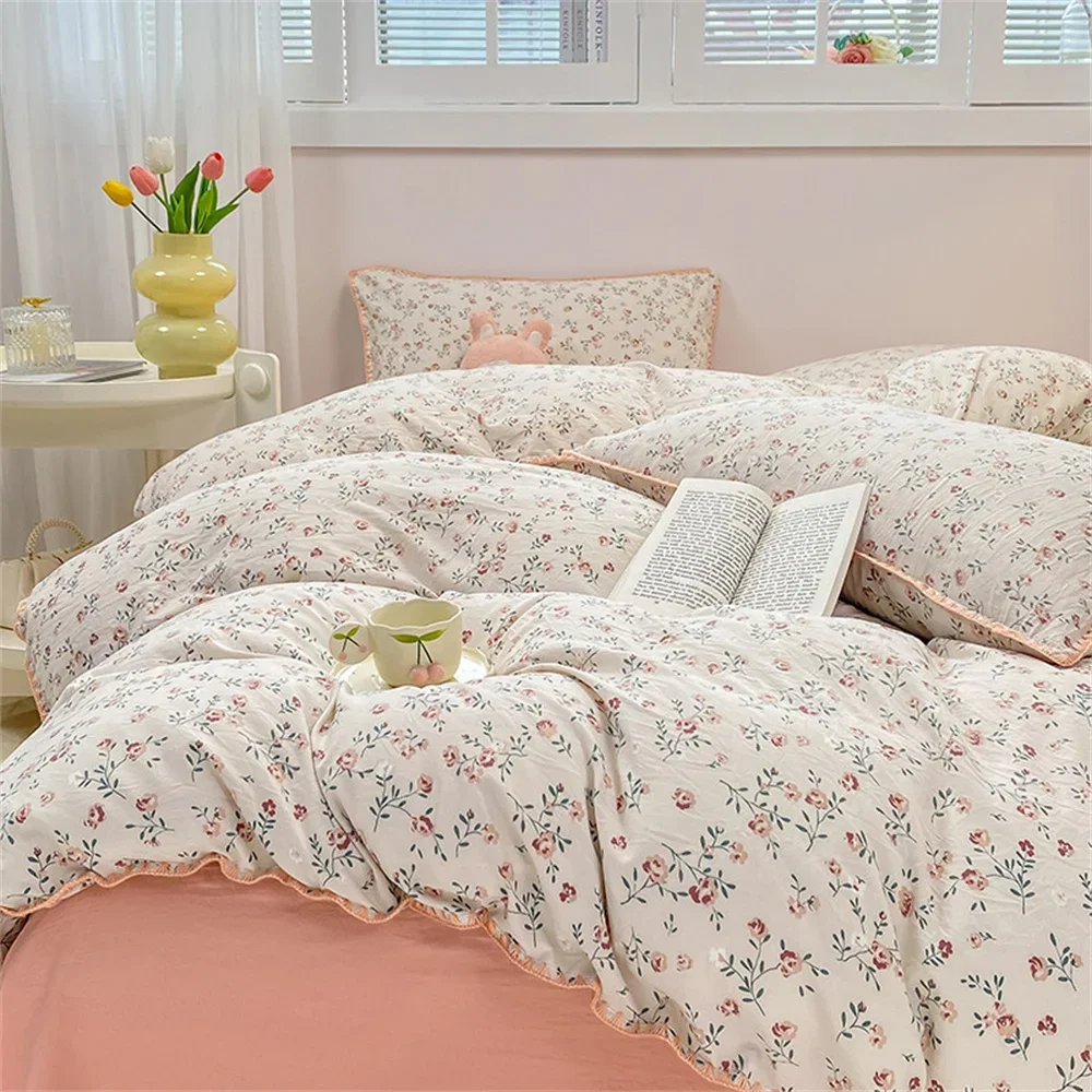 

Romantic Floral Bedding Set Washed Cotton Bed Sheet Single Double Size Girls Woman Duvet/Comforter Cover Pillowcase Bed Linens