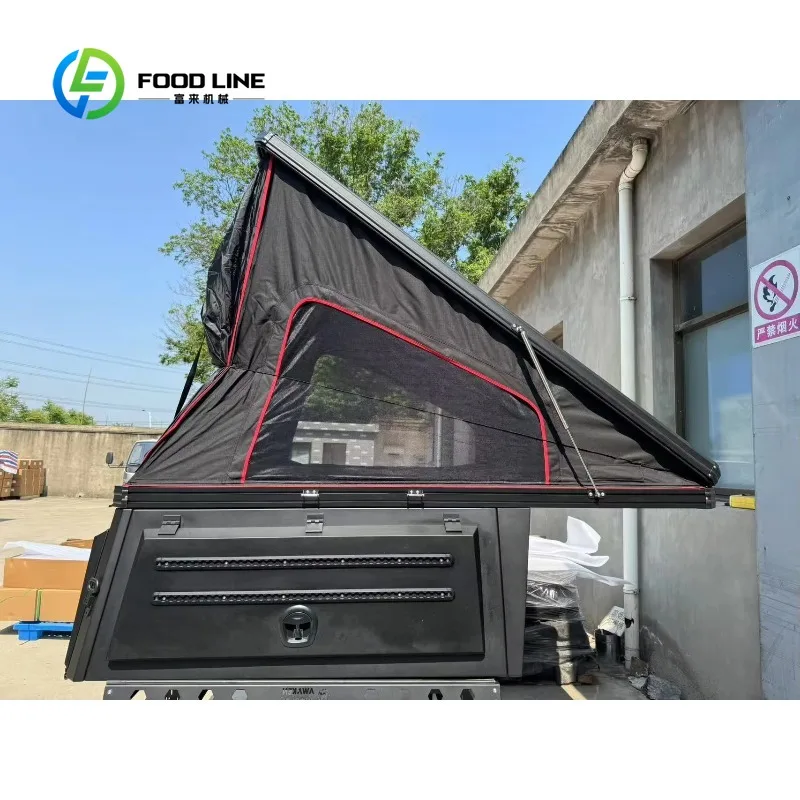 Customized pickup truck bed hard‑top topper waterproof flat tonneau cover combined with RTT tent for pickup outdoor camping use