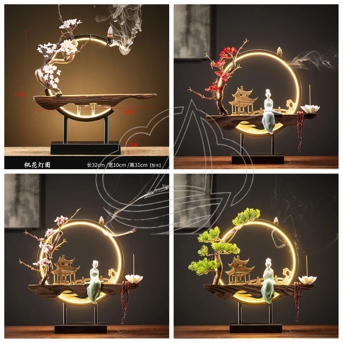 Ceramic Backflow Incense Burner with USB LED Light Ring, Simulation Tree Lotus & Buddha Bead, Creative Home Office Decoration